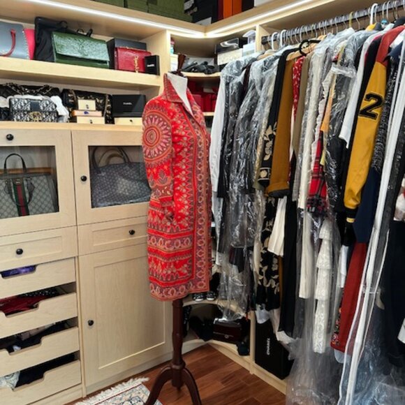 Biya Red Silk Printed Coat Size Extra Small - Picture 3 of 9